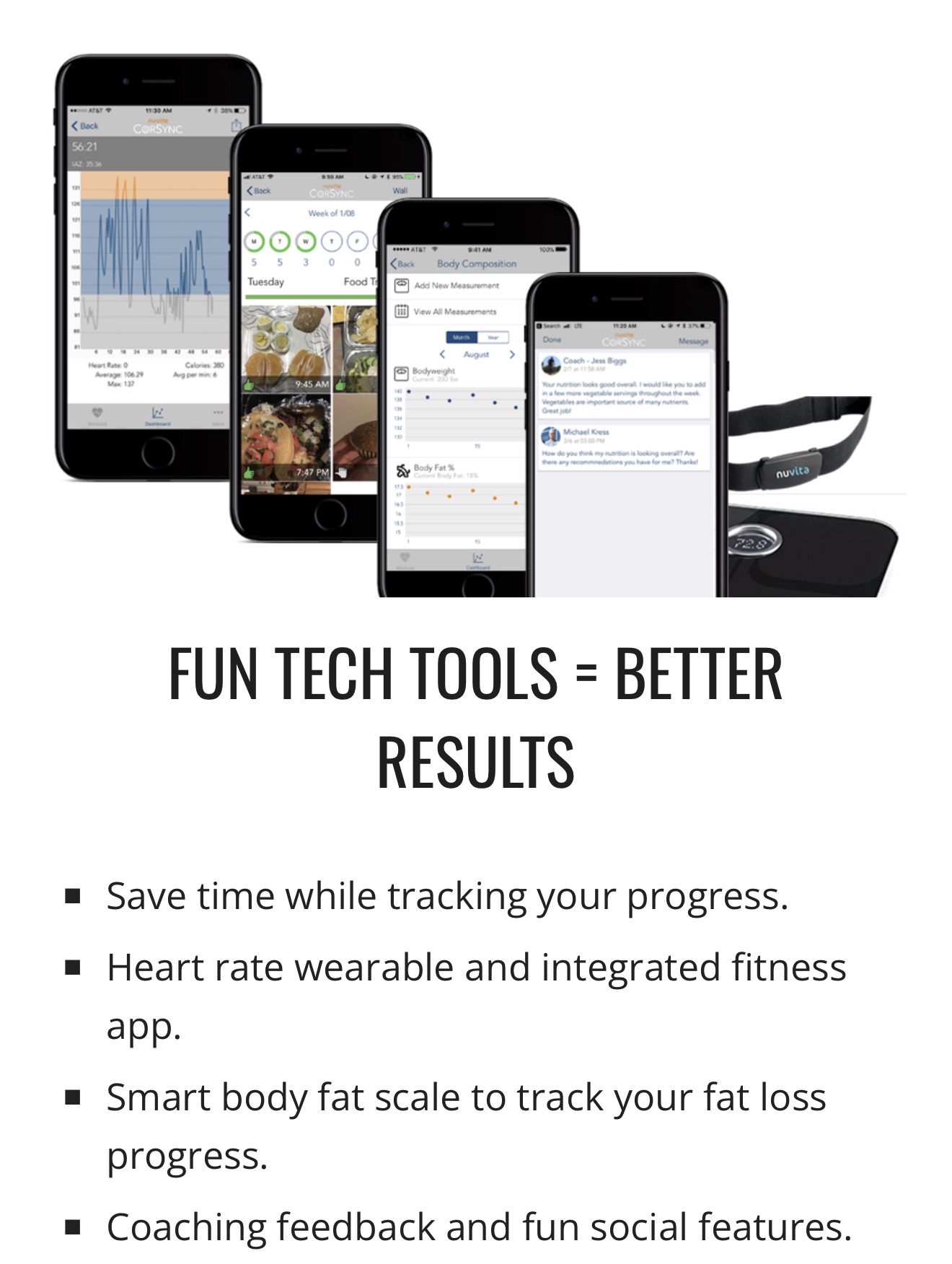 Nuvita app, heart-rate wearable, and Bluetooth body-fat scale used to track Better YOU Challenge progress