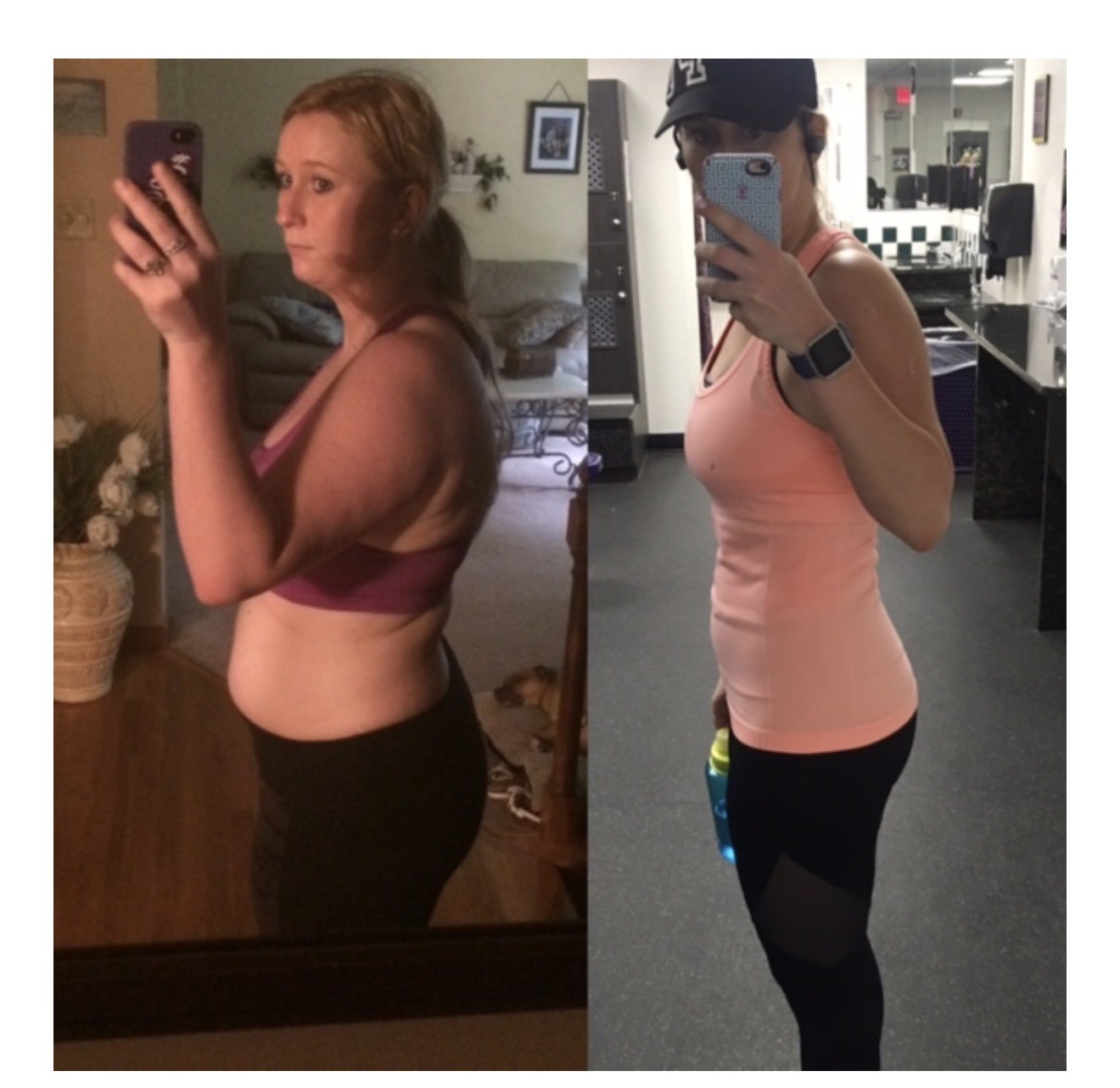 Side-by-side before and after photos of a participant who lost over 40 pounds