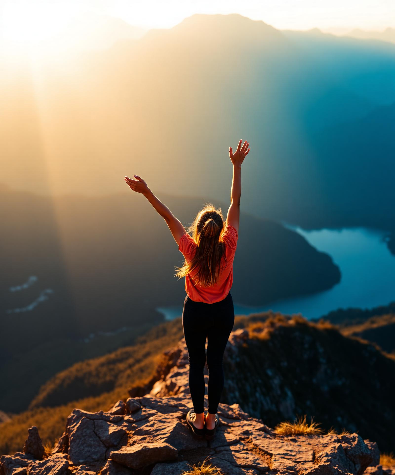 Woman reaching toward the sunrise over a mountain valley — a moment of renewal