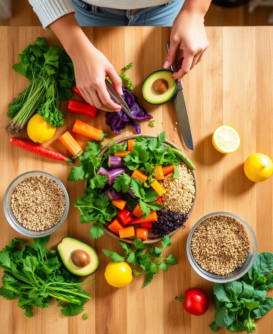Preparing fresh, colorful healthy food on a kitchen counter